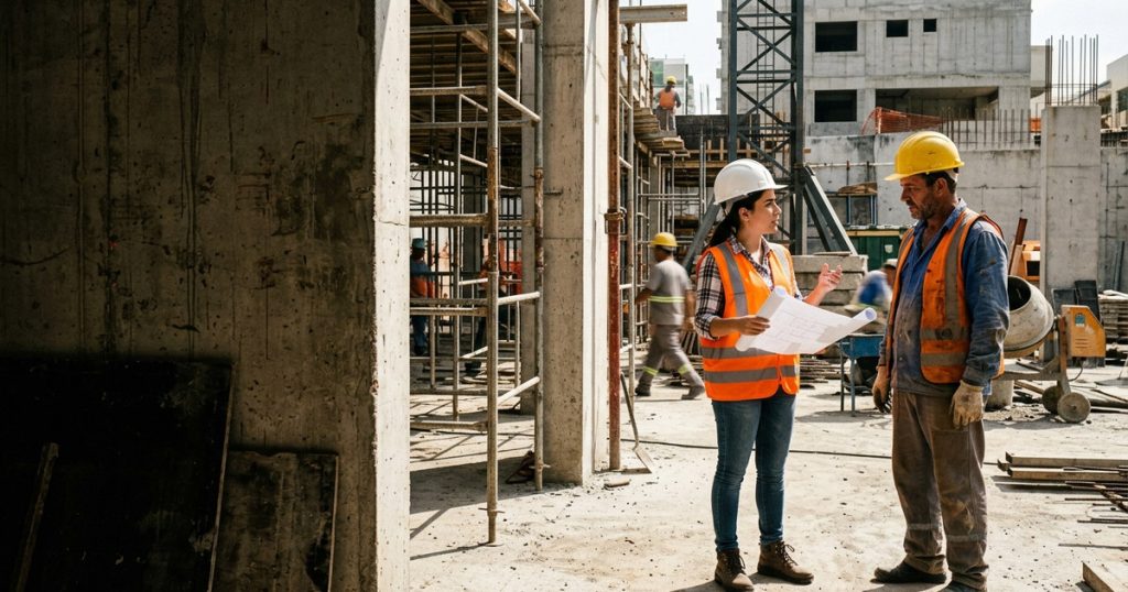 Engenheira civil e operário conversam em um canteiro de obras
