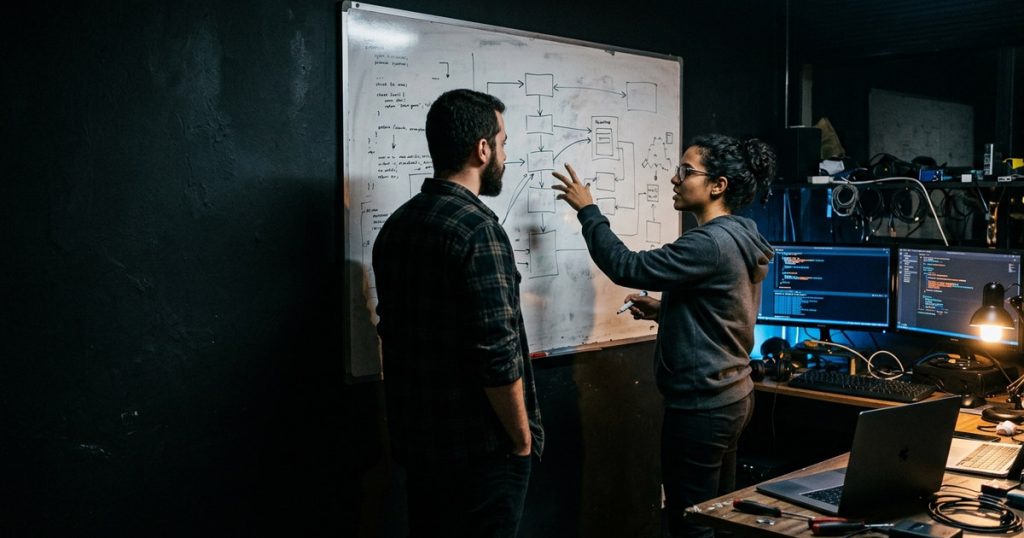 Dois desenvolvedores discutem um fluxo desenhado no quadro branco de um estúdio