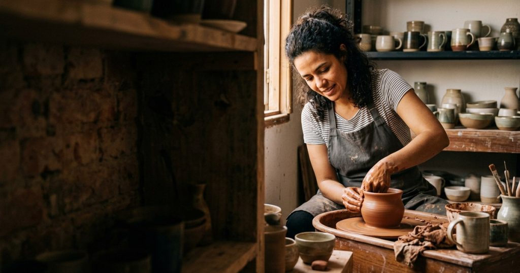 Artesã molda uma peça de cerâmica no torno em seu próprio ateliê