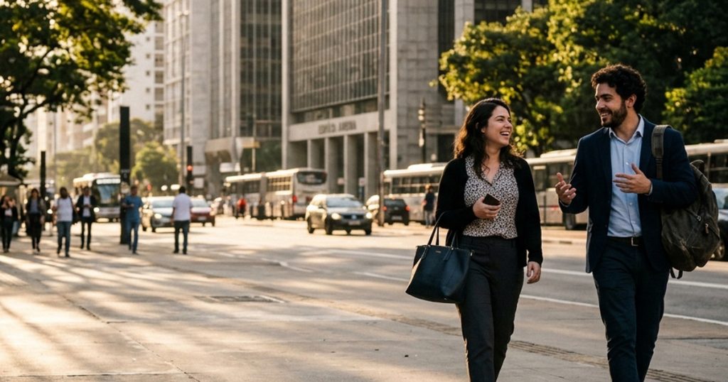 Dois profissionais conversam caminhando na calçada ao fim do expediente