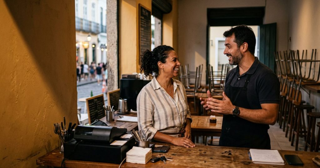 Sócios de um restaurante conversam no balcão após o fechamento
