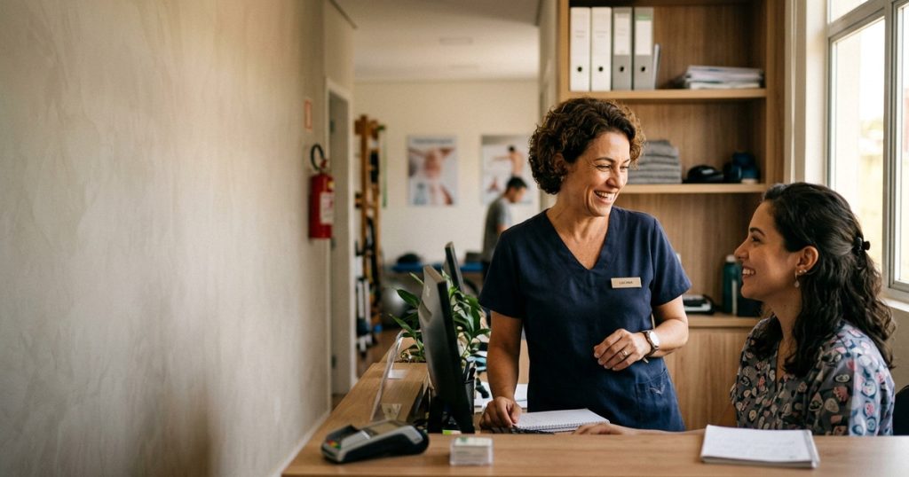 Fisioterapeuta conversa com a recepcionista no balcão da própria clínica