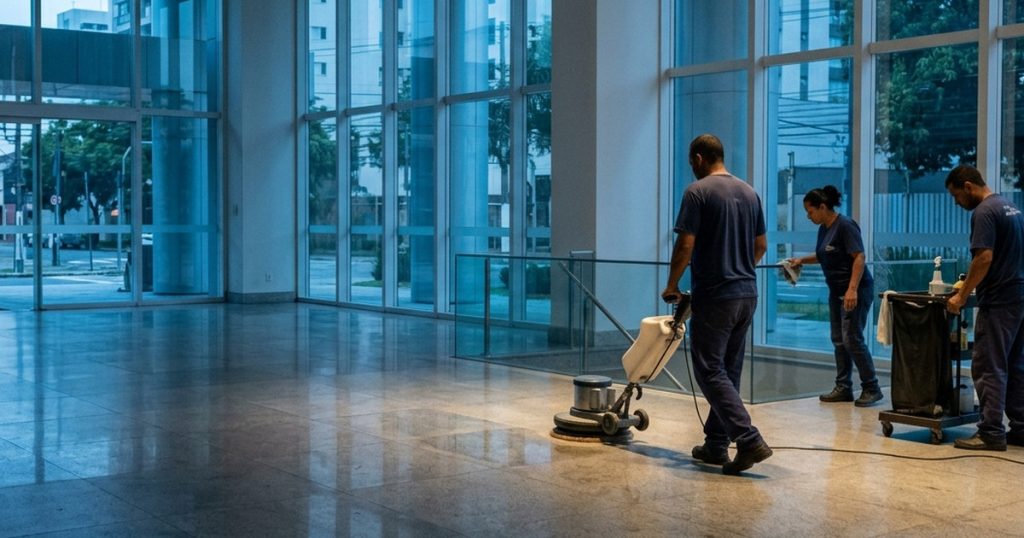 Equipe de limpeza trabalha no hall de um edifício comercial pela manhã