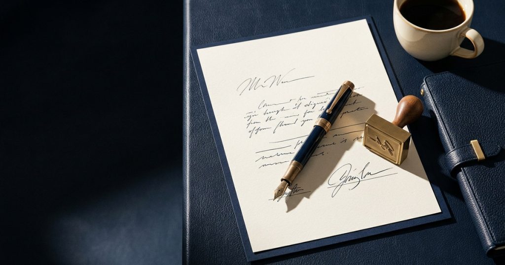 Documento assinado, caneta e carimbo sobre a mesa — o ato de formalizar a opção pelo regime