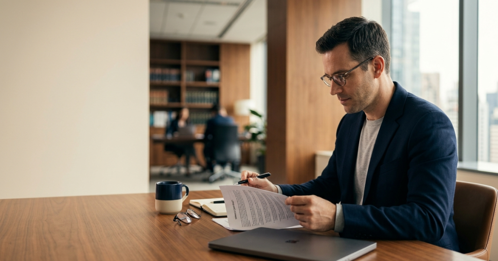 Profissional de terno revisando um contrato de prestação de serviços em um escritório