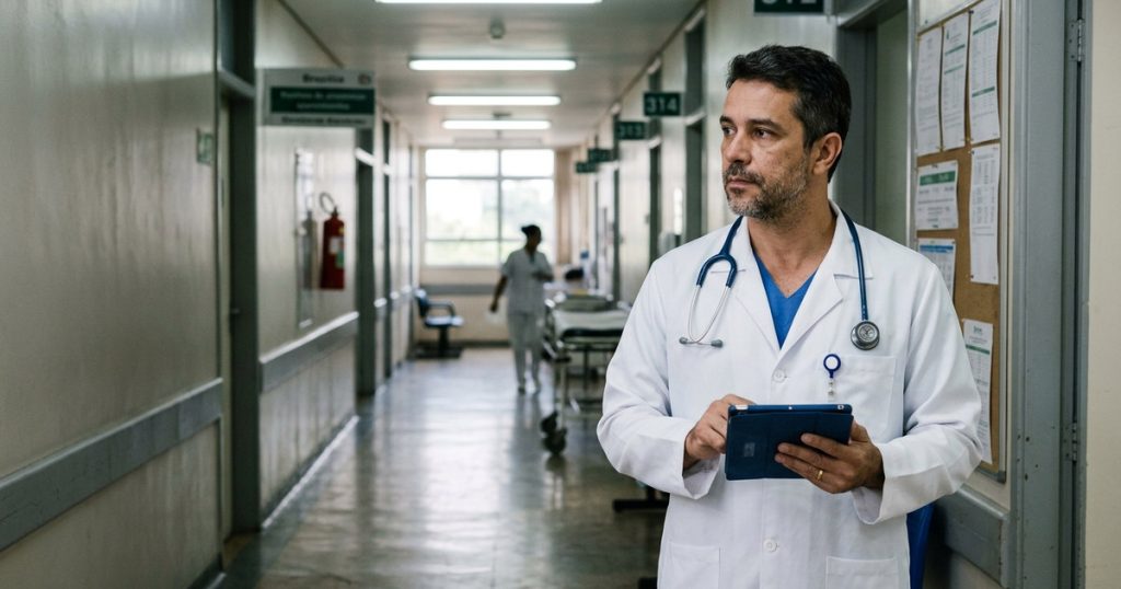 Médico de jaleco branco consulta um tablet no corredor de um hospital