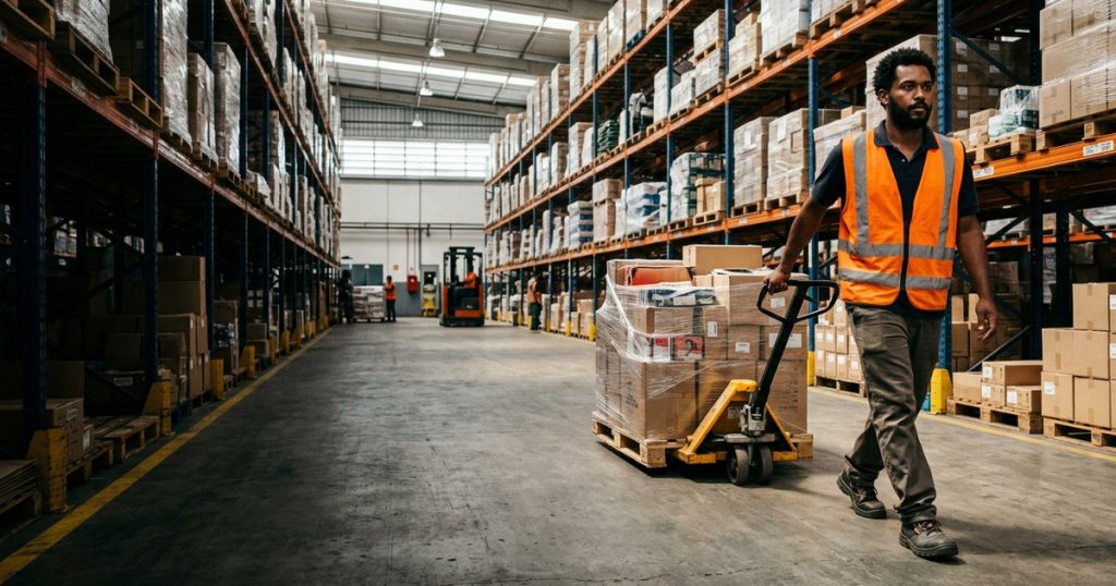 Funcionário movimenta um palete no corredor de um centro de distribuição