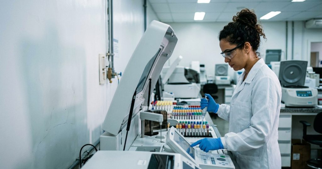 Técnica de laboratório opera um analisador em um laboratório de análises clínicas