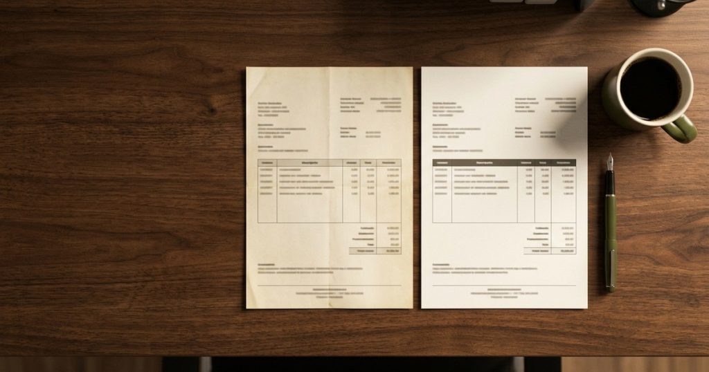 Duas notas fiscais lado a lado sobre mesa de madeira, uma antiga e uma nova, ilustrando os impostos IBS e CBS que substituem PIS, Cofins, IPI, ICMS e ISS