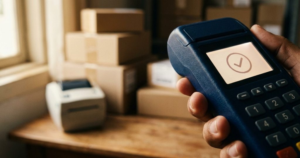 Maquininha aprovando um pagamento em bancada de expedição de e-commerce, representando o split payment que separa IBS e CBS na liquidação