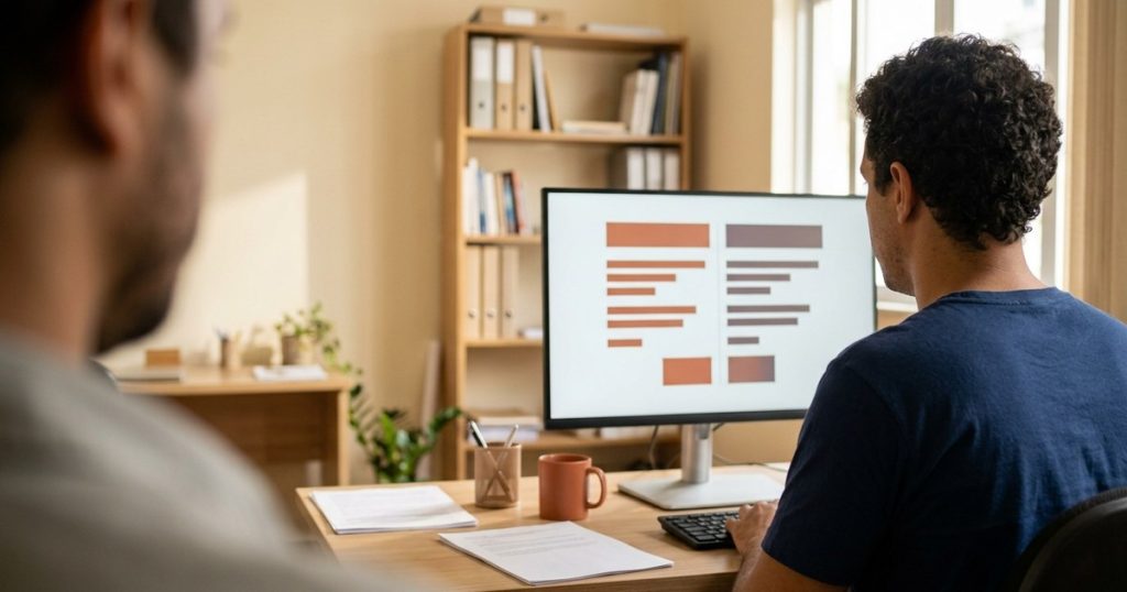 Dono de empresa diante de monitor com comparativo de dois regimes, avaliando IBS e CBS no Simples Nacional