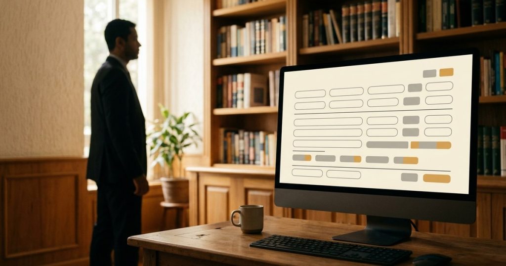 Monitor exibindo formulário de emissão de nota fiscal em escritório, com os campos novos de IBS e CBS