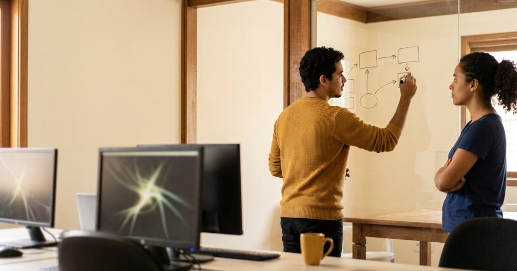 Equipe de empresa de software diante de quadro branco refazendo a formação de preço com o imposto por fora