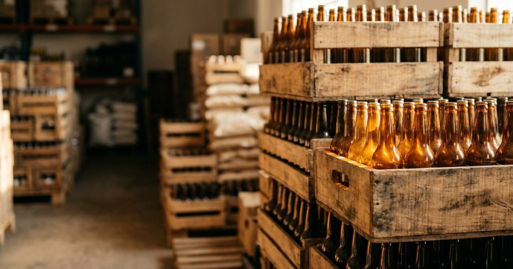 Engradados de garrafas no estoque de uma distribuidora, produtos alcançados pelo Imposto Seletivo