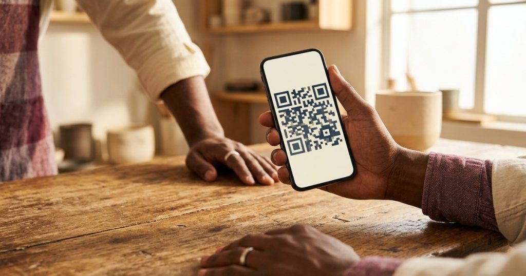 Celular exibindo QR code de pagamento sobre balcão de loja, ilustrando o Pix na reforma tributária