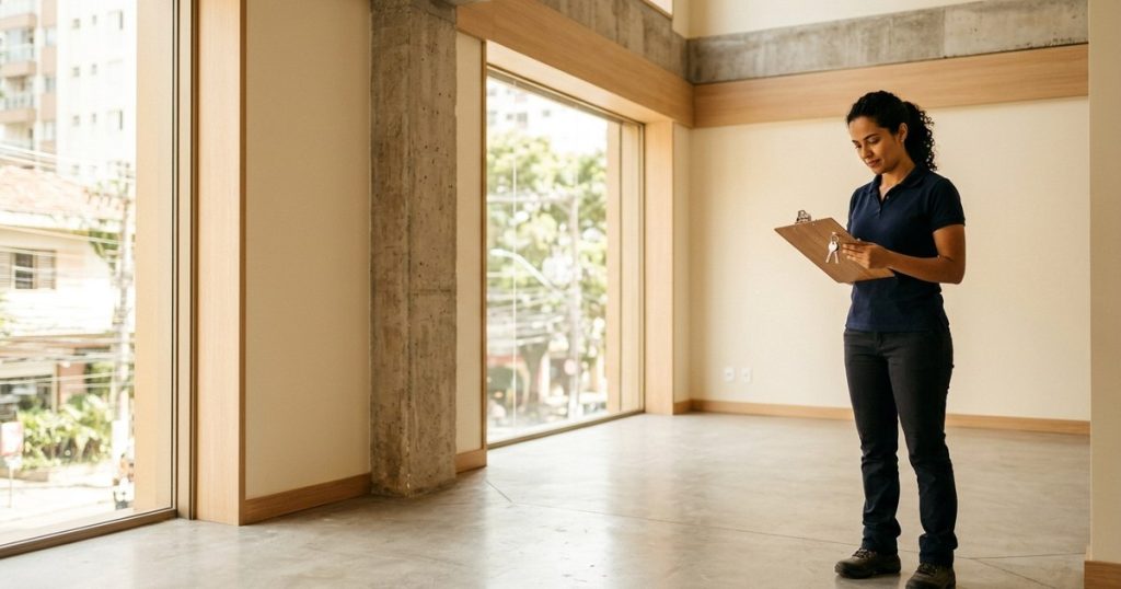 Engenheira com contrato e chaves em sala comercial vazia, representando a locação de imóvel pela empresa